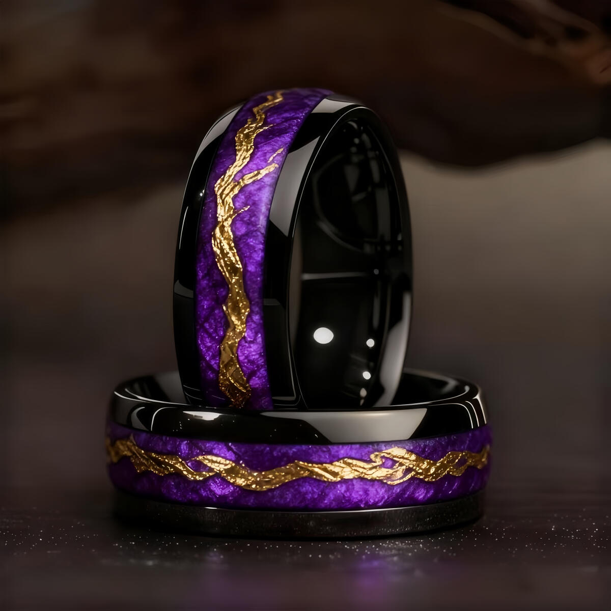 Gymnastic Ring Wood - ファッションブラックメンズステンレススチールリング、パープルウッドと金箔模様の象嵌リング、メンズウェディングジュエリー、ドロップシップ対応