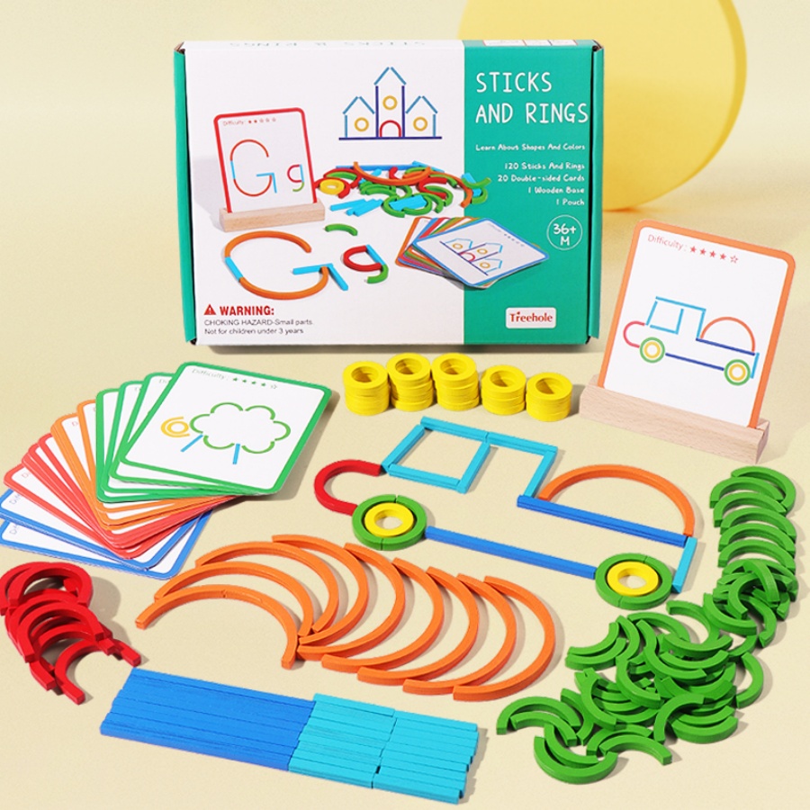 Gymnastic Ring Wood - 子供の早期教育パズルおもちゃ、木製クリエイティブリング、スティック、パズル、抽象的な論理的思考トレーニング、親子